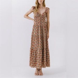 English Factory Floral Tiered Maxi Dress Short Sleeve Flutter - Size Medium